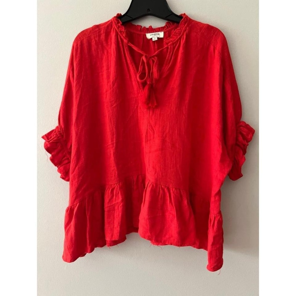 Umgee Red Ruffled Blouse with Flutter Sleeve Small